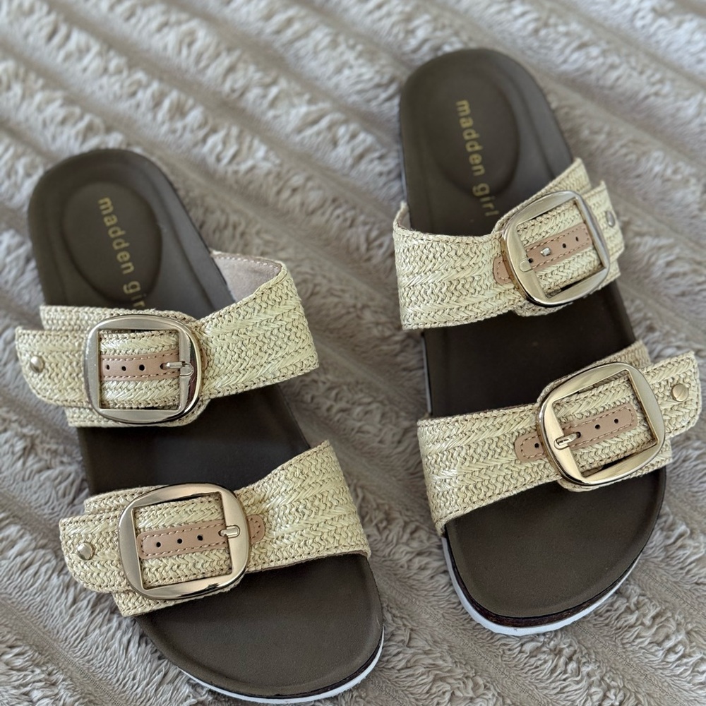 Madden Girl Cream Sandals with Gold Buckles